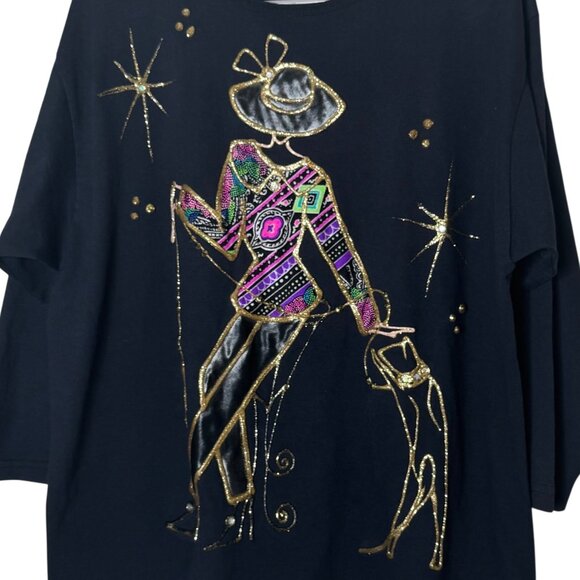 Vintage 80s Art Top Glam Woman Dog Graphic Metallic Shoulder Pads 3/4 Sleeve XL - Picture 2 of 3